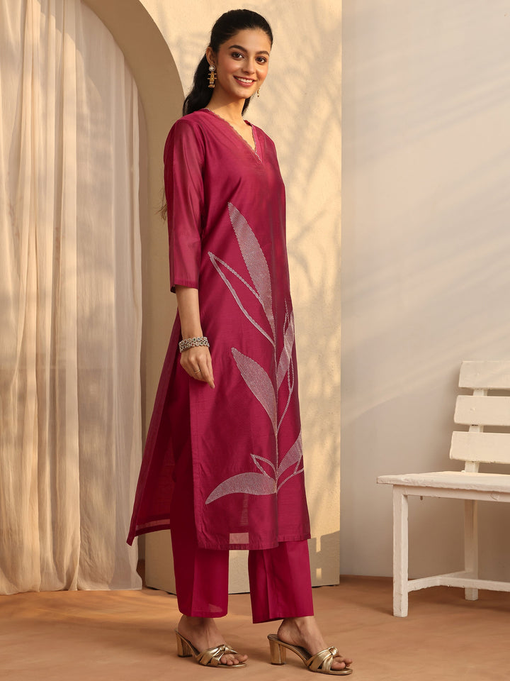 Maroon Embellished Silk Blend Straight Suit Set With Dupatta