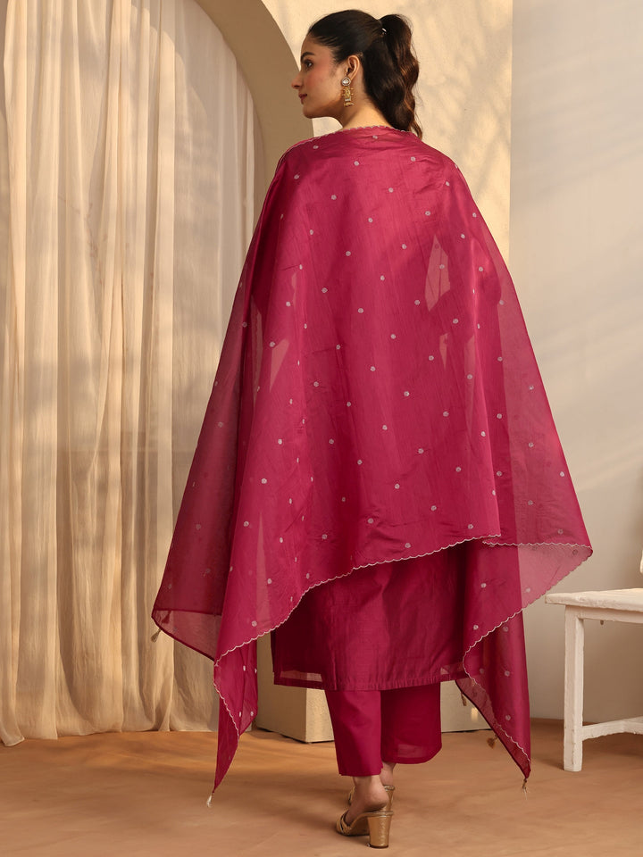 Maroon Embellished Silk Blend Straight Suit Set With Dupatta