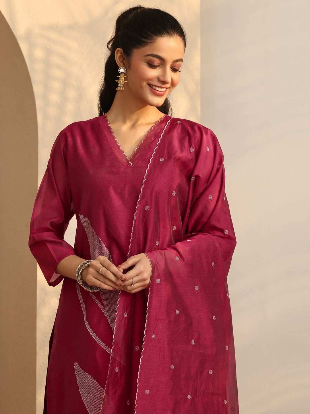 Maroon Embellished Silk Blend Straight Suit Set With Dupatta