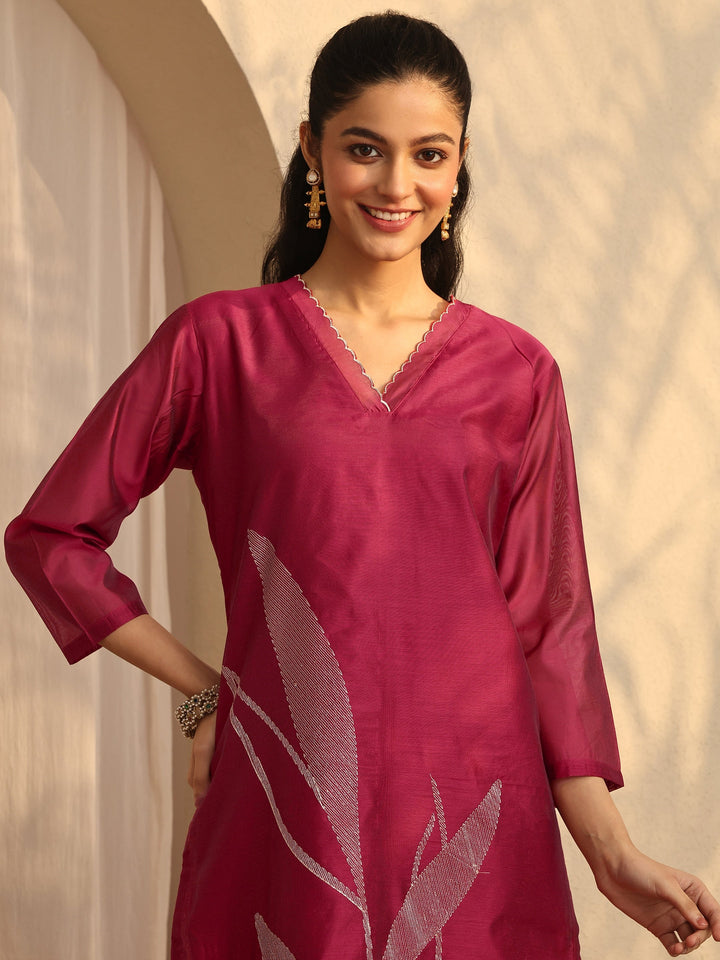 Maroon Embellished Silk Blend Straight Suit Set With Dupatta