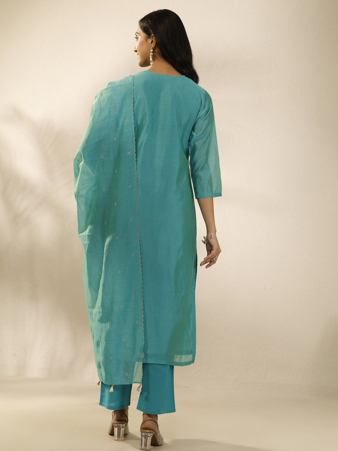 Green Embellished Silk Blend Straight Suit Set With Dupatta