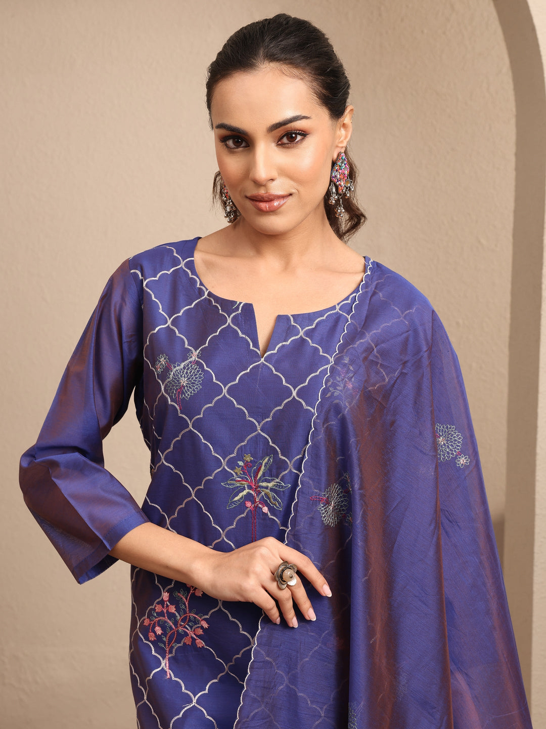 Purple Embroidered Silk Blend Straight Suit Set With Dupatta