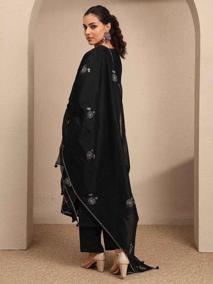 Black Embroidered Silk Blend Straight Suit Set With Dupatta