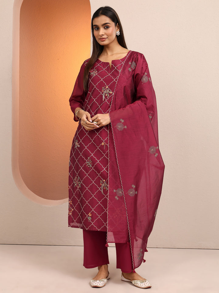 Maroon Embroidered Silk blend Straight Suit Set With Dupatta