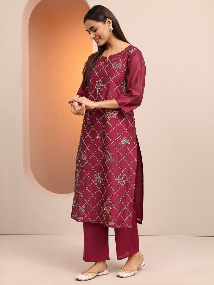Maroon Embroidered Silk blend Straight Suit Set With Dupatta
