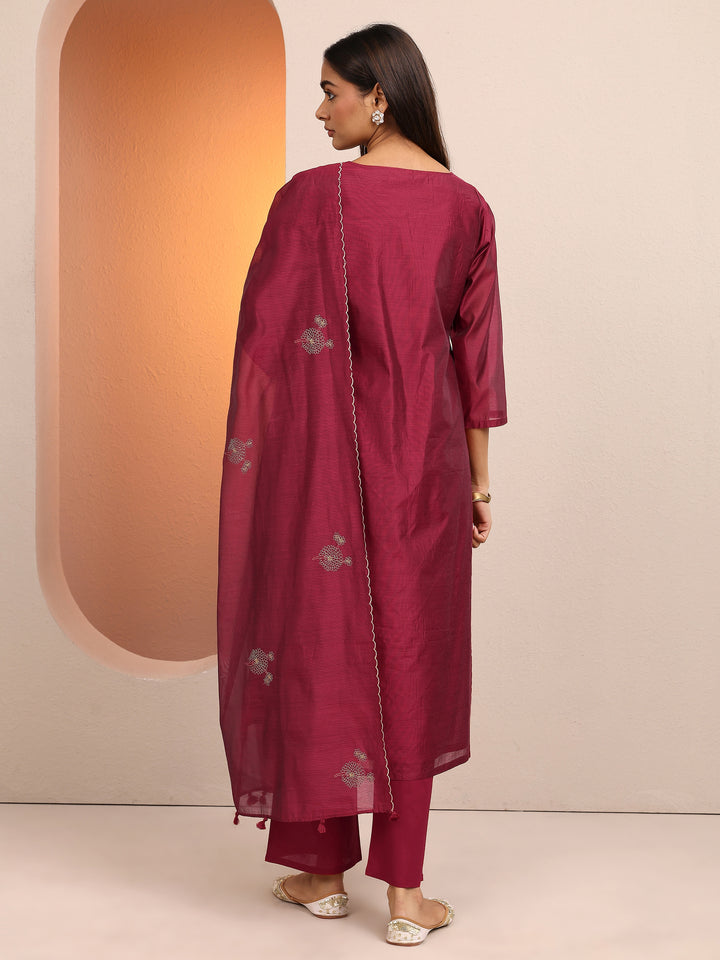 Maroon Embroidered Silk blend Straight Suit Set With Dupatta