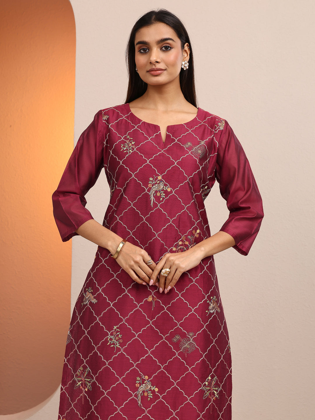 Maroon Embroidered Silk blend Straight Suit Set With Dupatta
