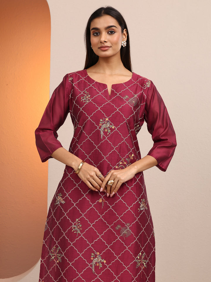 Maroon Embroidered Silk blend Straight Suit Set With Dupatta