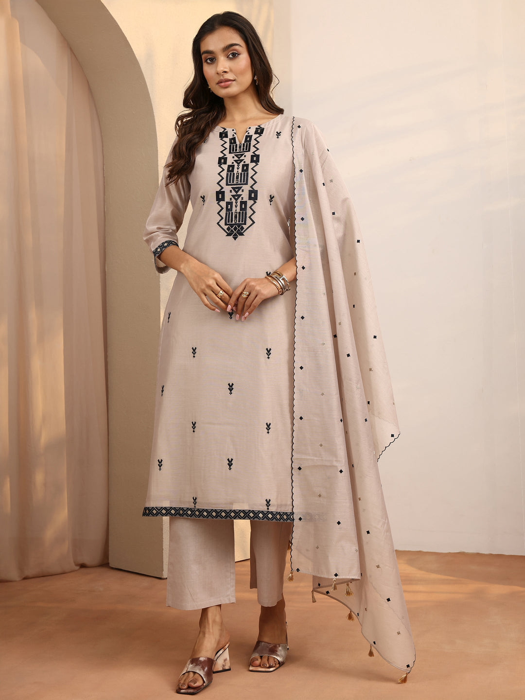 Beige Embroidered Silk Blend Straight Suit Set With Dupatta