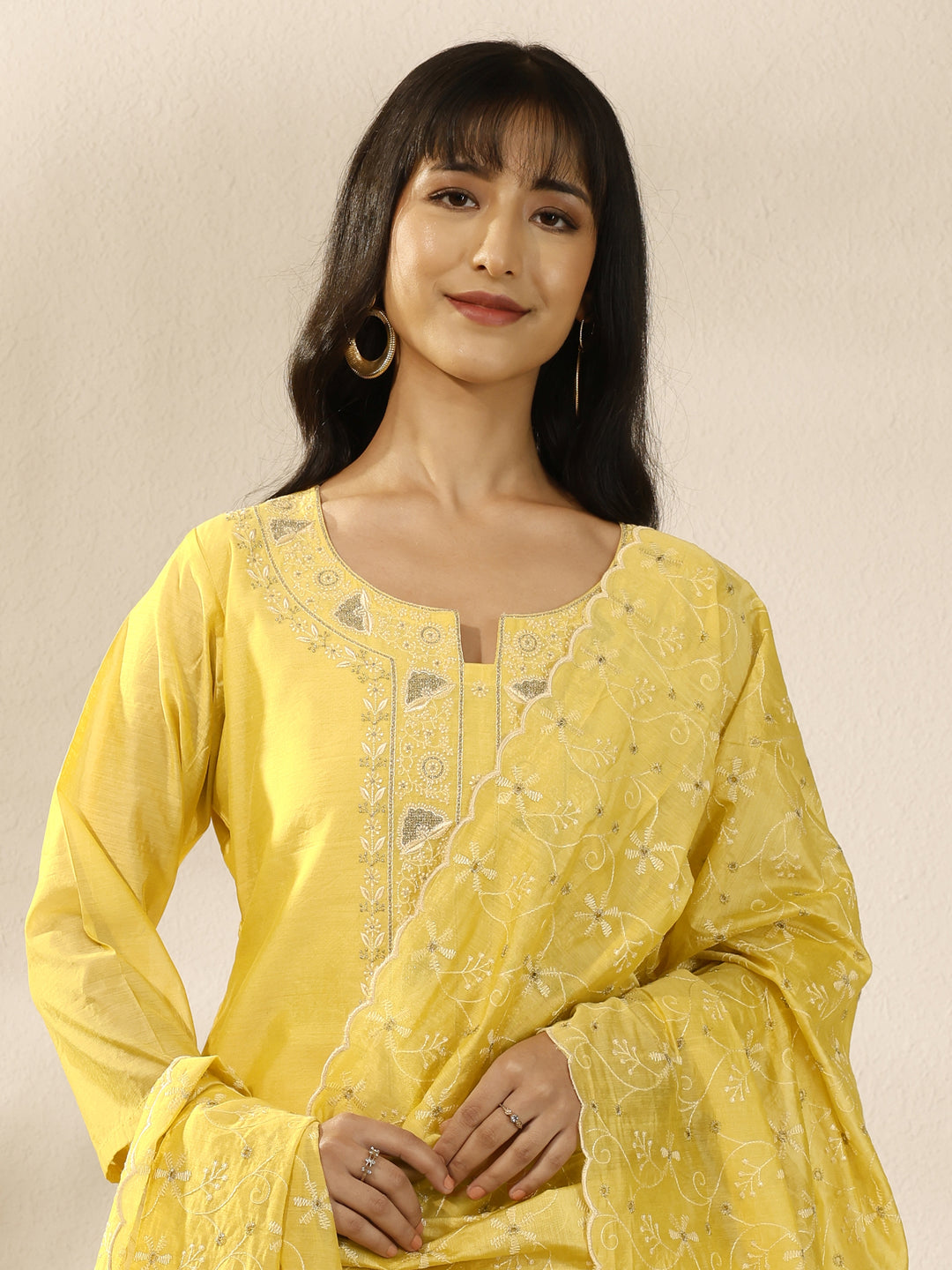 Yellow Embroidered Silk Blend Straight Suit Set With Dupatta