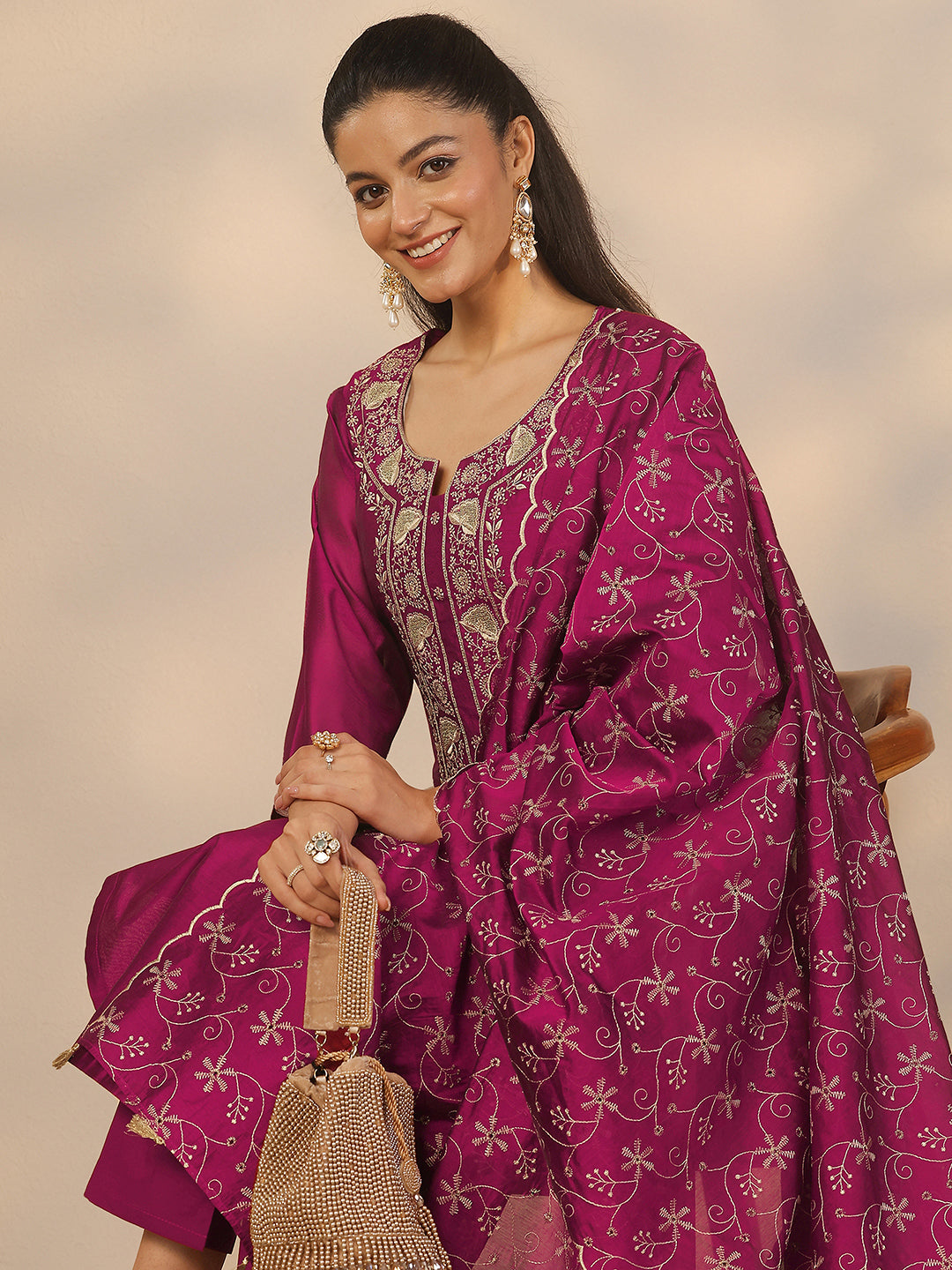 Magenta Embroidered Silk Blend Straight Suit Set With Dupatta
