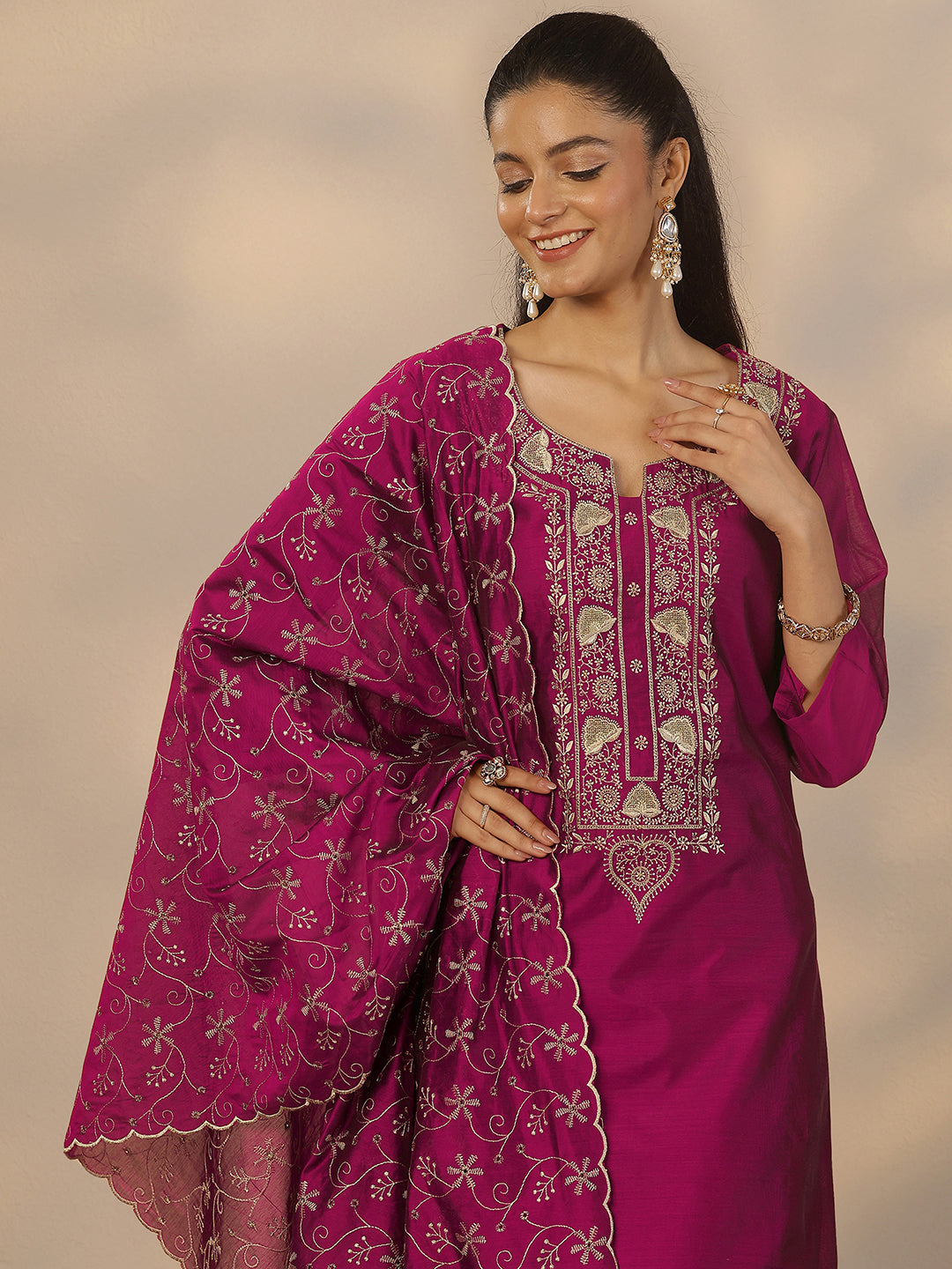 Magenta Embroidered Silk Blend Straight Suit Set With Dupatta