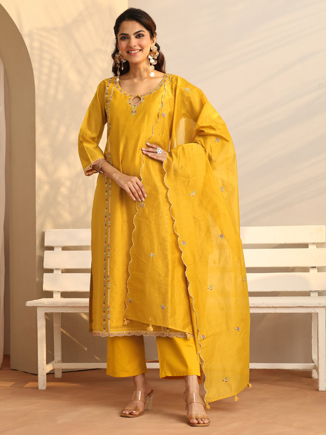 Mustard Embroidered Silk Blend Straight Suit Set With Dupatta