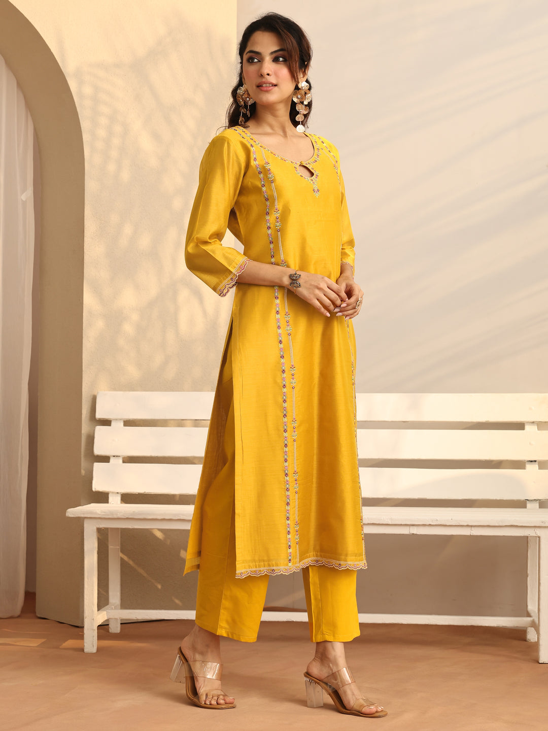 Mustard Embroidered Silk Blend Straight Suit Set With Dupatta