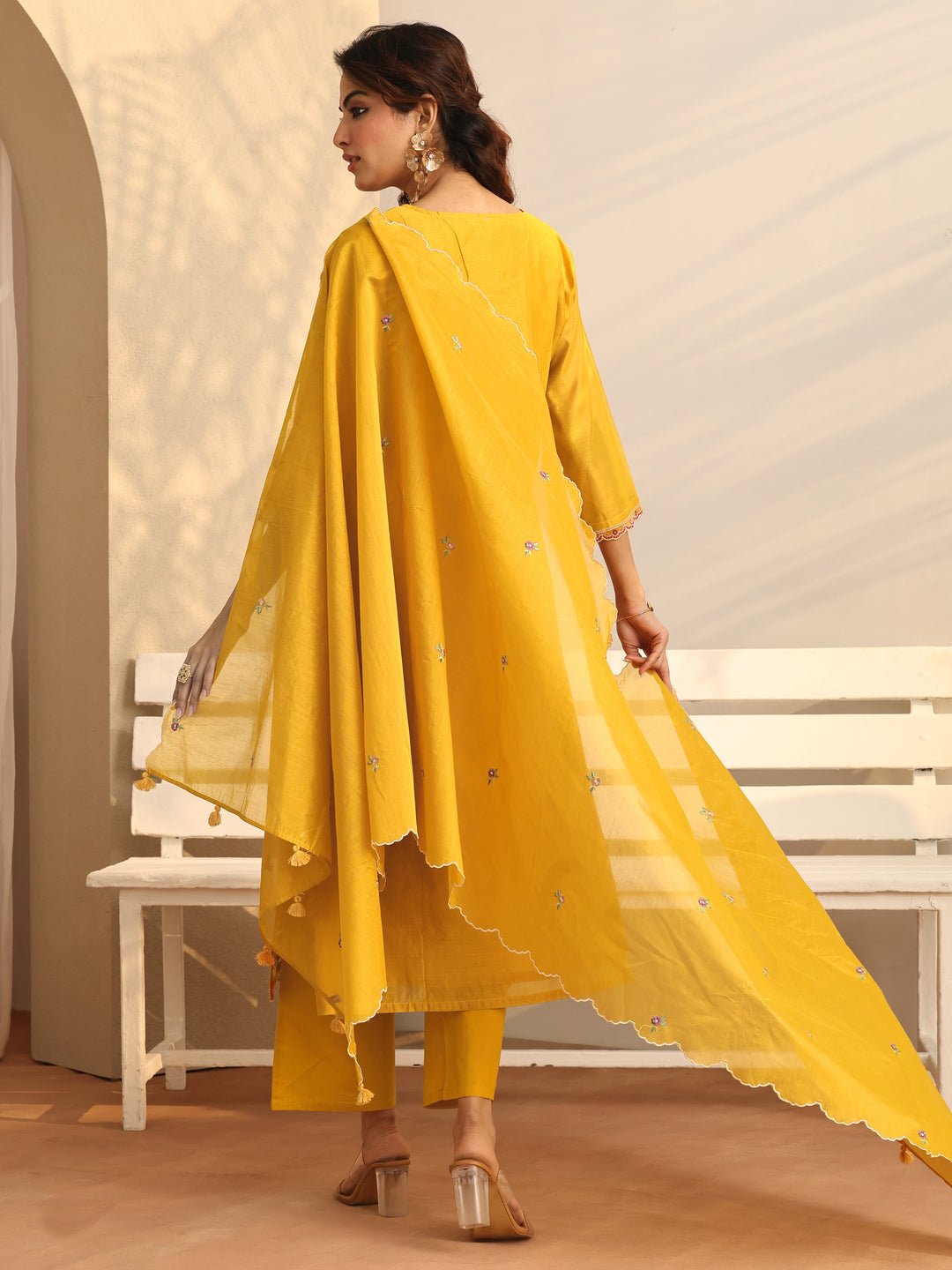 Mustard Embroidered Silk Blend Straight Suit Set With Dupatta