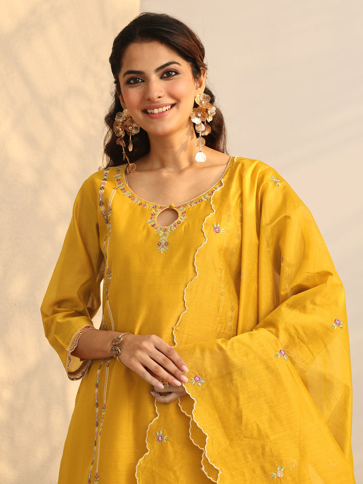 Mustard Embroidered Silk Blend Straight Suit Set With Dupatta
