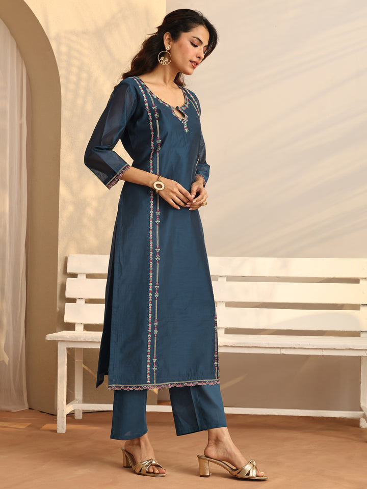 Teal Embroidered Silk Blend Straight Suit Set With Dupatta