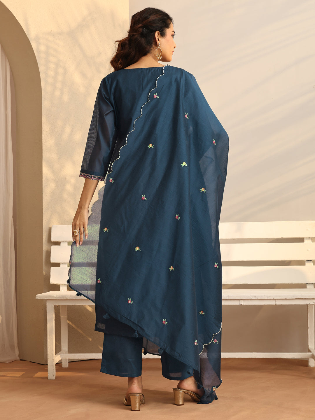 Teal Embroidered Silk Blend Straight Suit Set With Dupatta