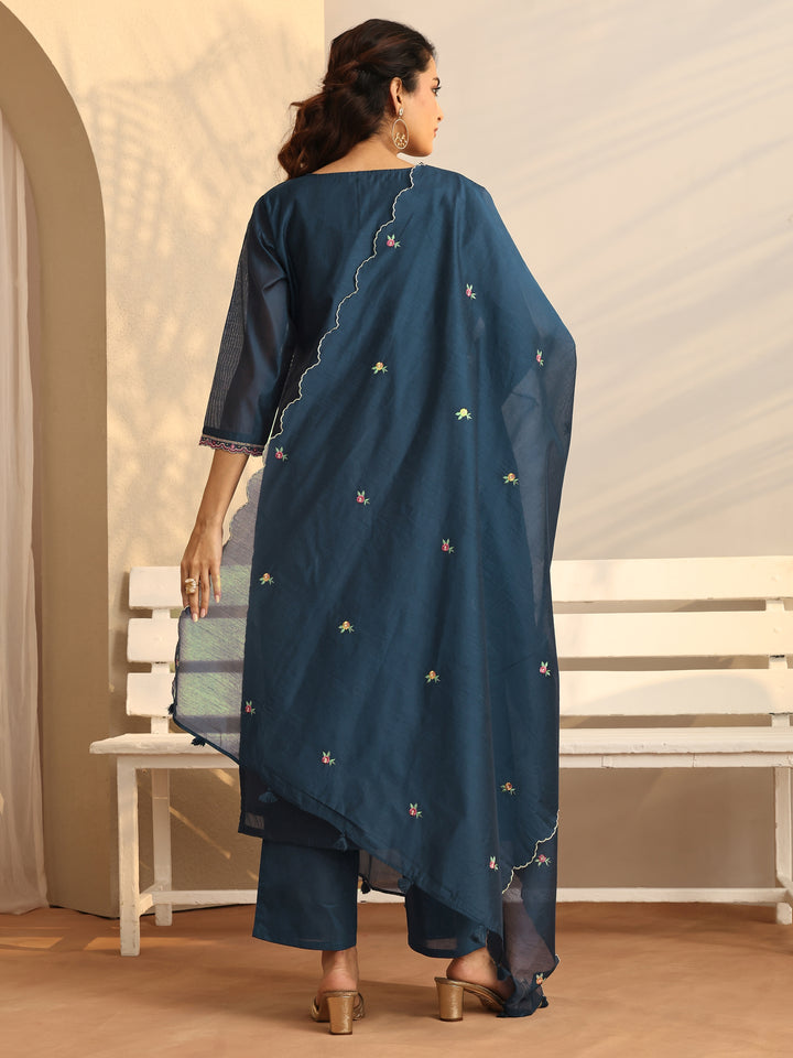 Teal Embroidered Silk Blend Straight Suit Set With Dupatta