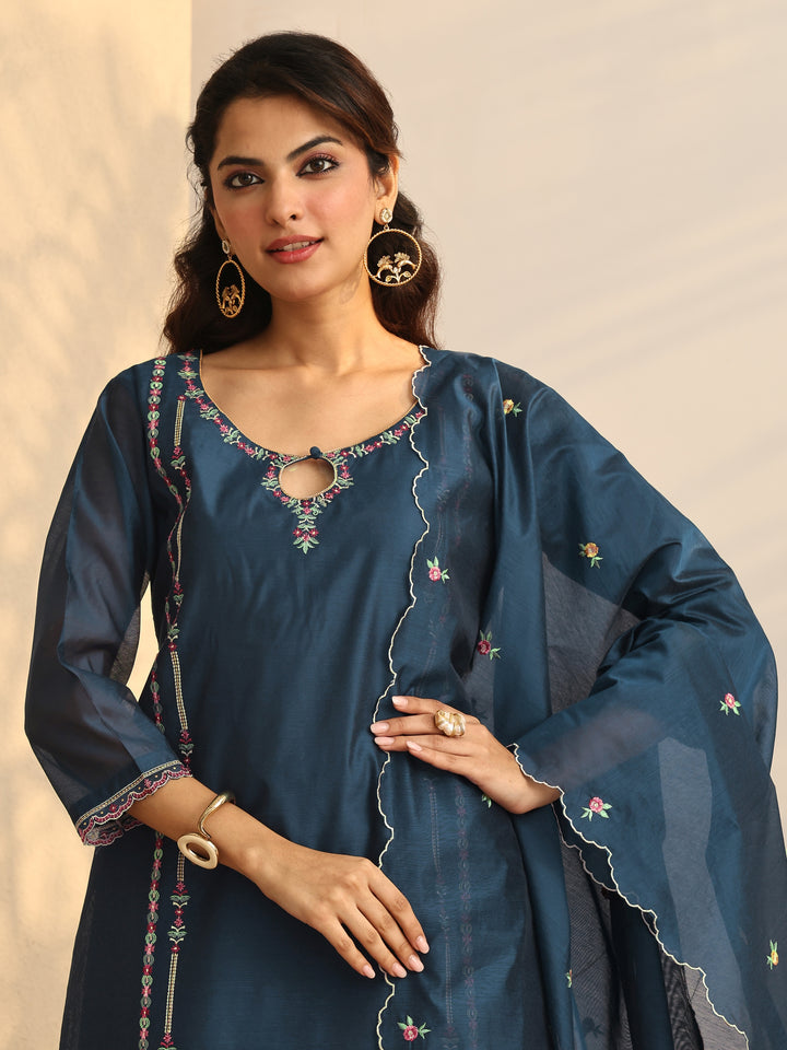 Teal Embroidered Silk Blend Straight Suit Set With Dupatta