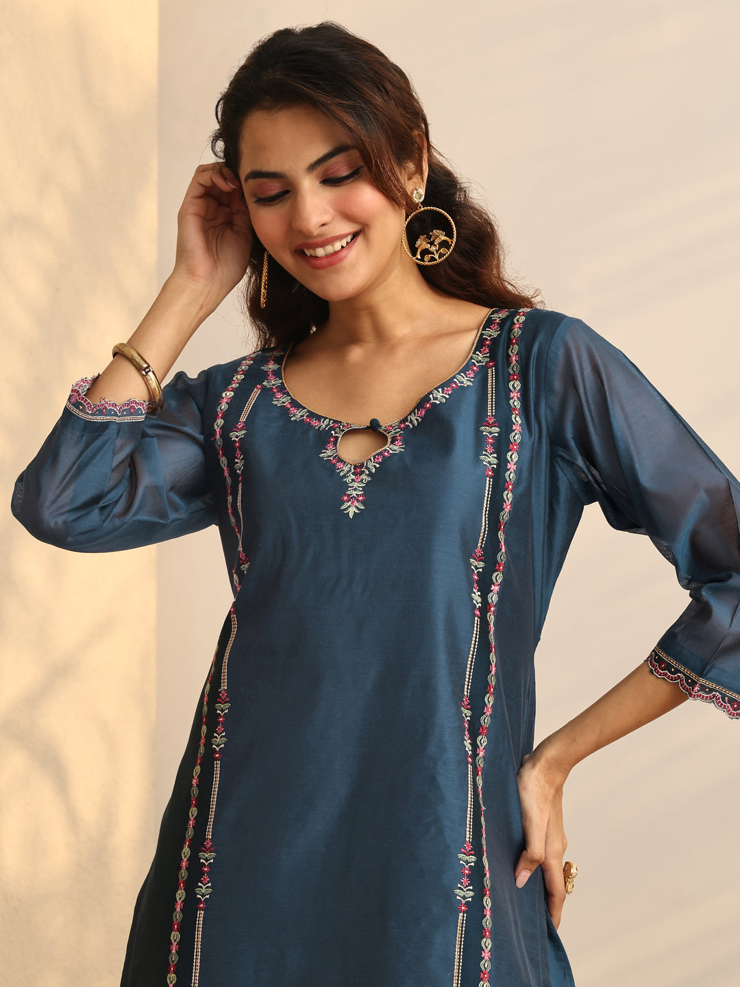 Teal Embroidered Silk Blend Straight Suit Set With Dupatta