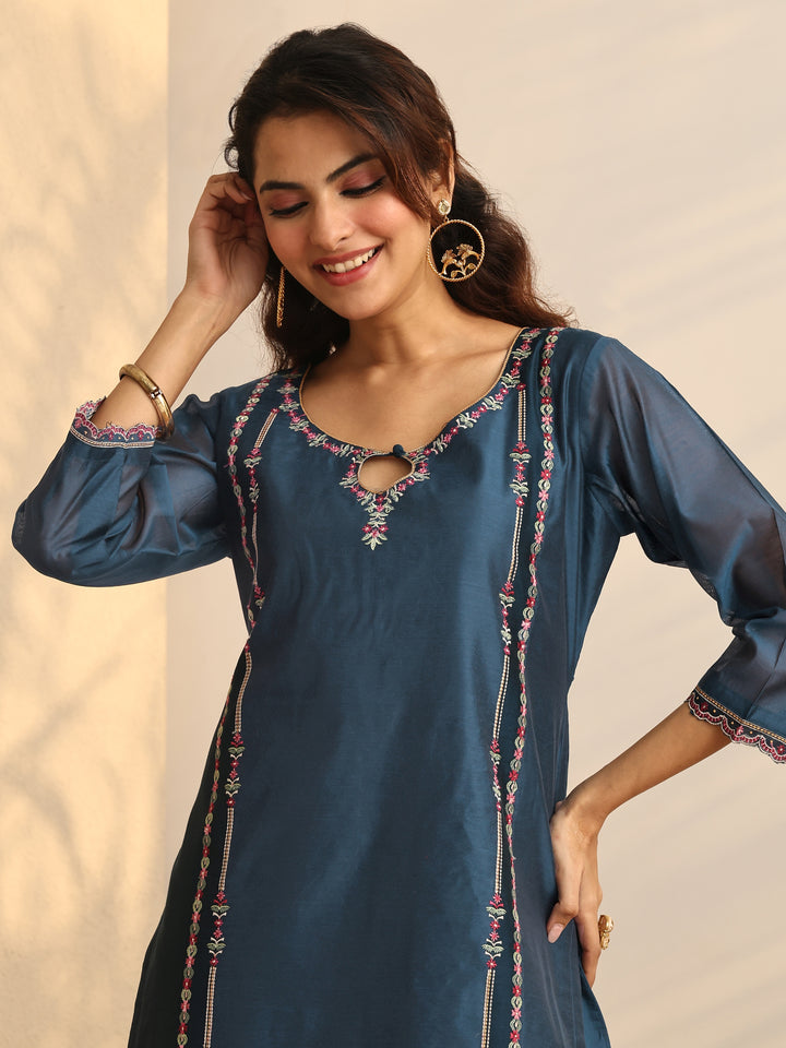 Teal Embroidered Silk Blend Straight Suit Set With Dupatta