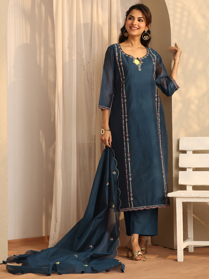 Teal Embroidered Silk Blend Straight Suit Set With Dupatta