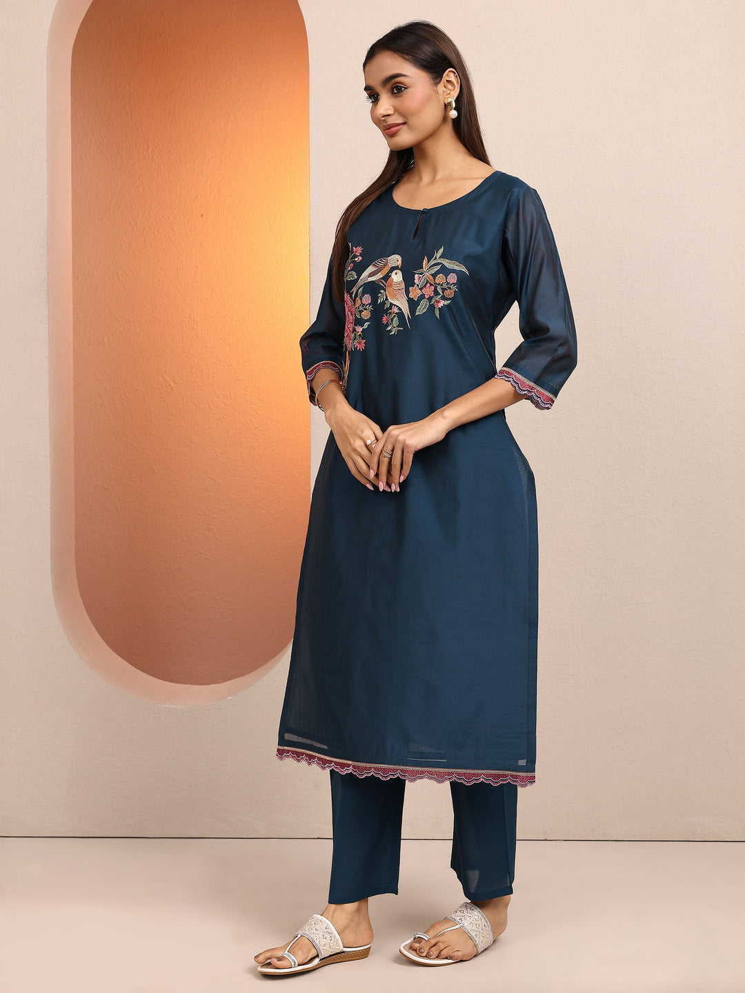 Teal Embroidered Silk blend Straight Suit Set With Dupatta