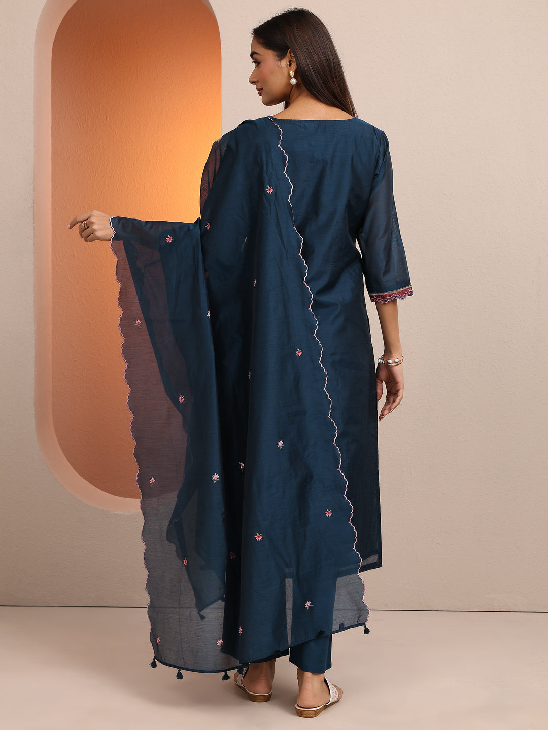 Teal Embroidered Silk blend Straight Suit Set With Dupatta