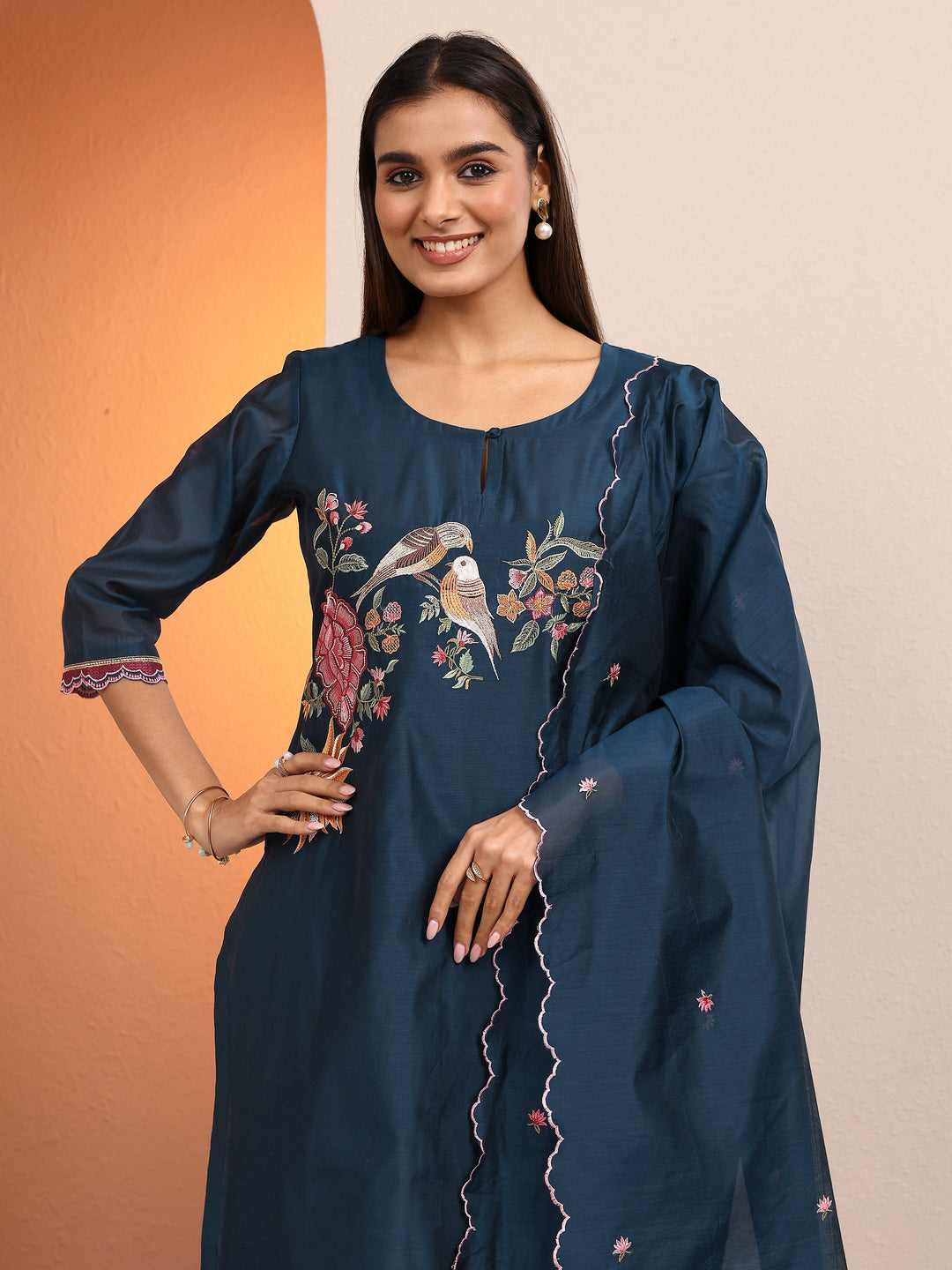 Teal Embroidered Silk blend Straight Suit Set With Dupatta