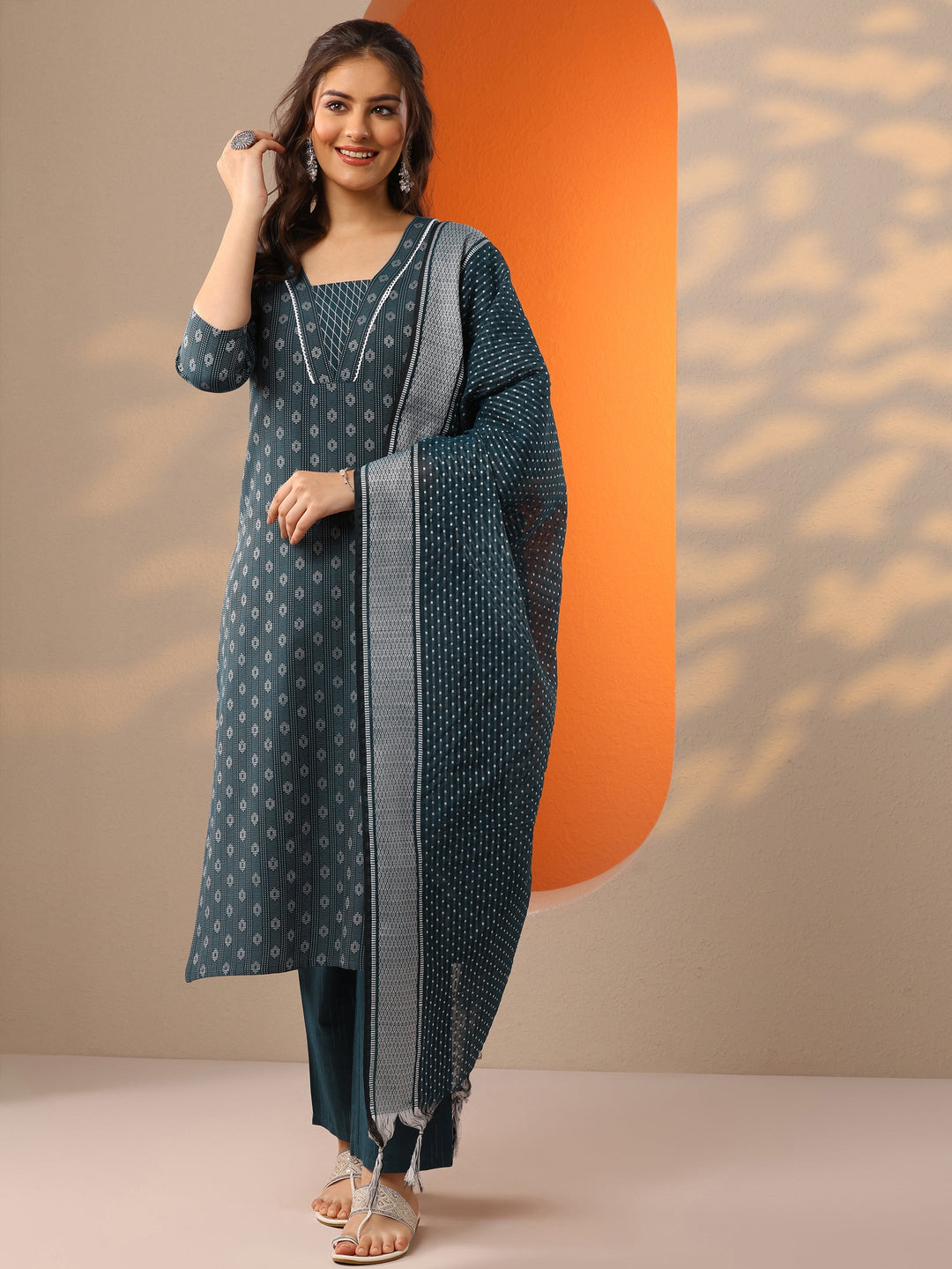 Teal Woven Design Cotton Blend Straight Suit Set With Dupatta