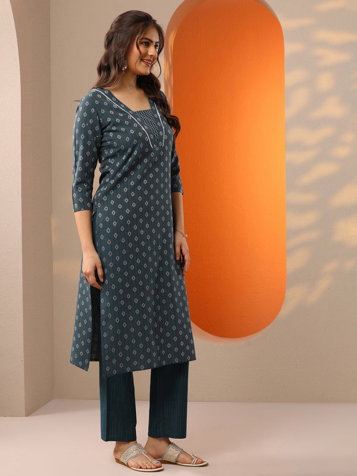 Teal Woven Design Cotton Blend Straight Suit Set With Dupatta