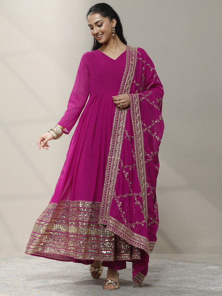 Pink Embellished Georgette Anarkali Suit Set With Dupatta