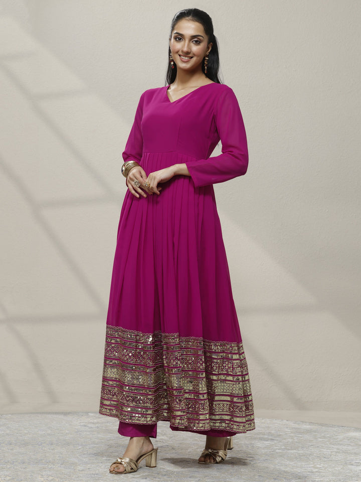 Pink Embellished Georgette Anarkali Suit Set With Dupatta