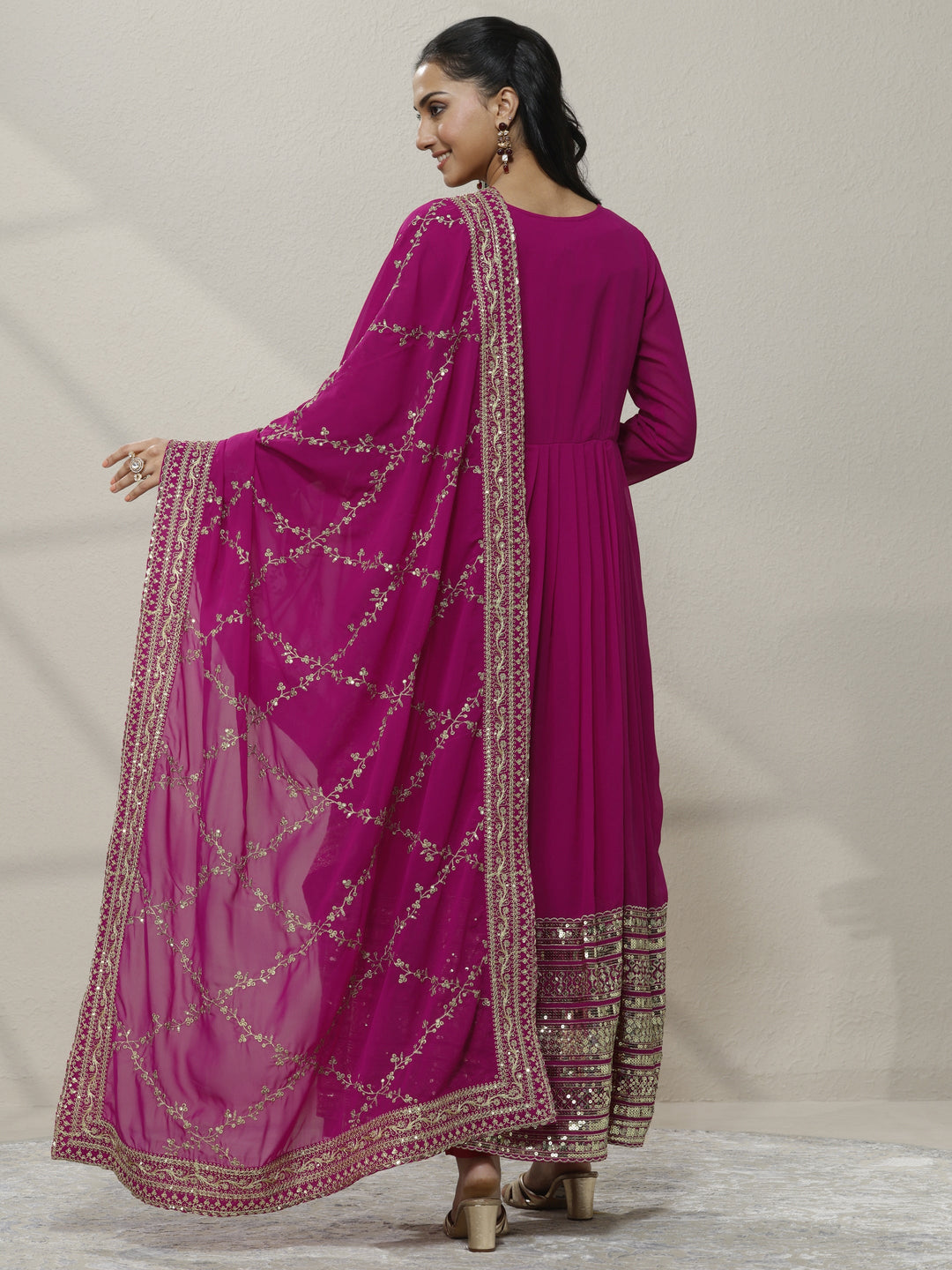 Pink Embellished Georgette Anarkali Suit Set With Dupatta