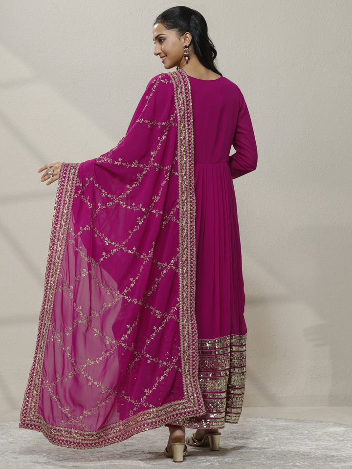 Pink Embellished Georgette Anarkali Suit Set With Dupatta