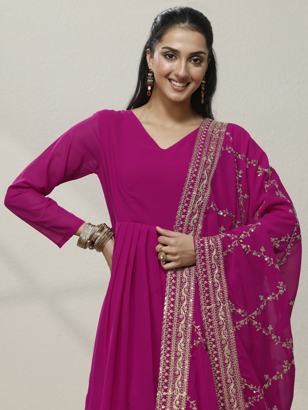 Pink Embellished Georgette Anarkali Suit Set With Dupatta