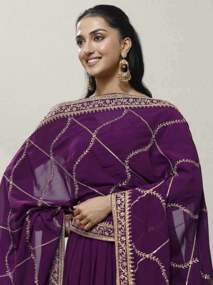 Burgundy Embellished Georgette Anarkali Suit Set With Dupatta