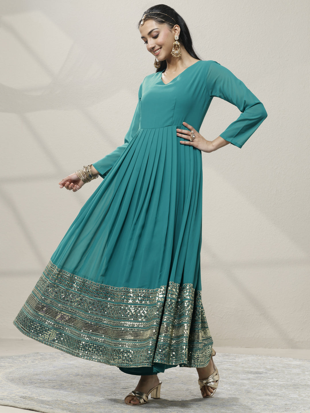 Green Embellished Georgette Anarkali Suit Set With Dupatta