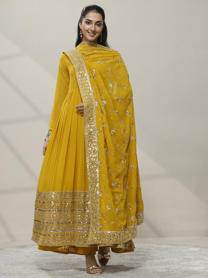 Mustard Embellished Georgette Anarkali Suit Set With Dupatta