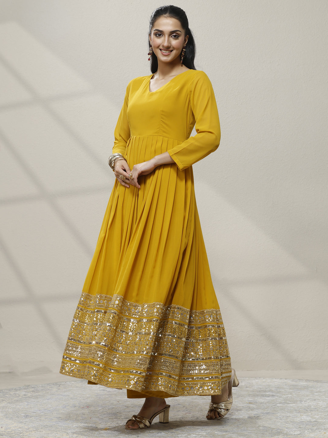 Mustard Embellished Georgette Anarkali Suit Set With Dupatta