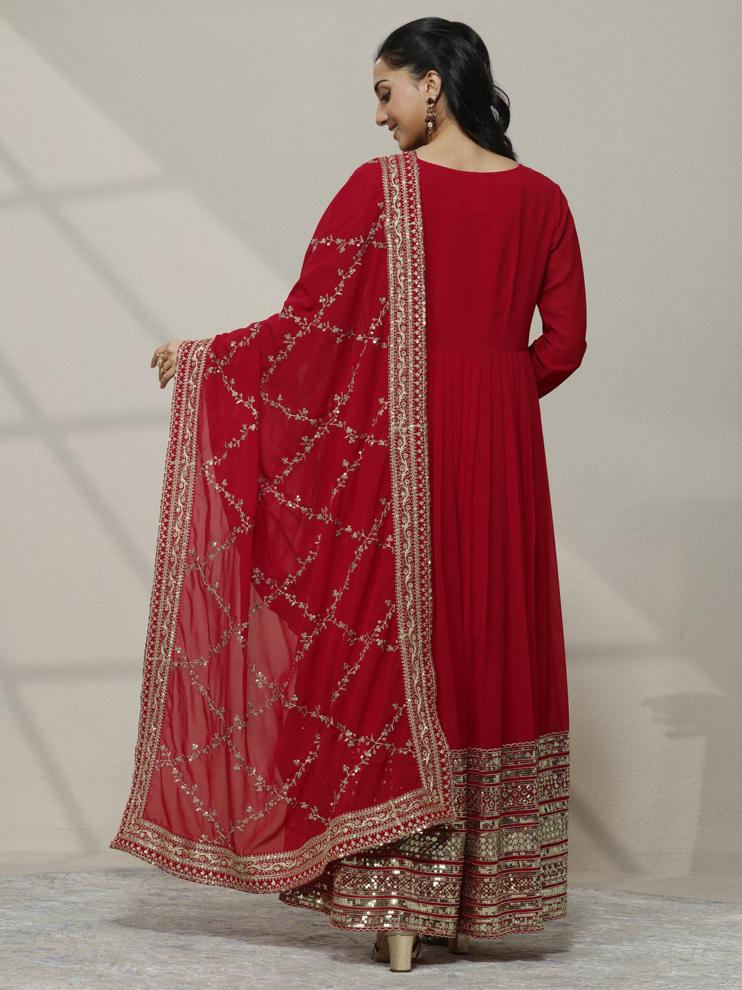 Red Embellished Georgette Anarkali Suit Set With Dupatta
