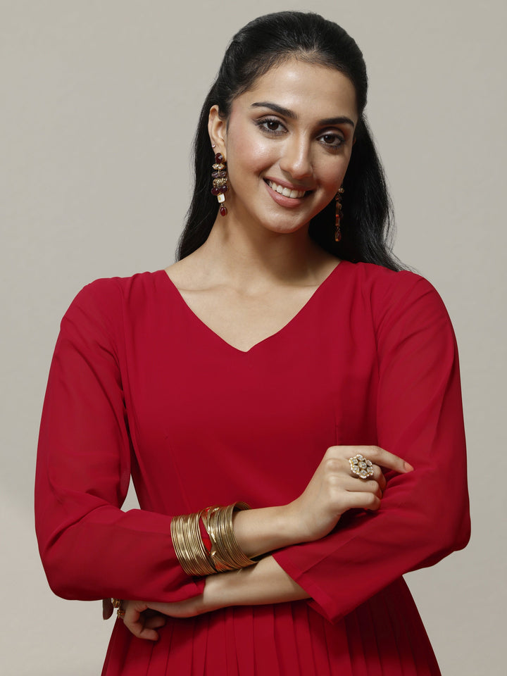 Red Embellished Georgette Anarkali Suit Set With Dupatta