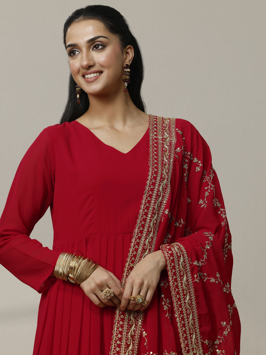 Red Embellished Georgette Anarkali Suit Set With Dupatta