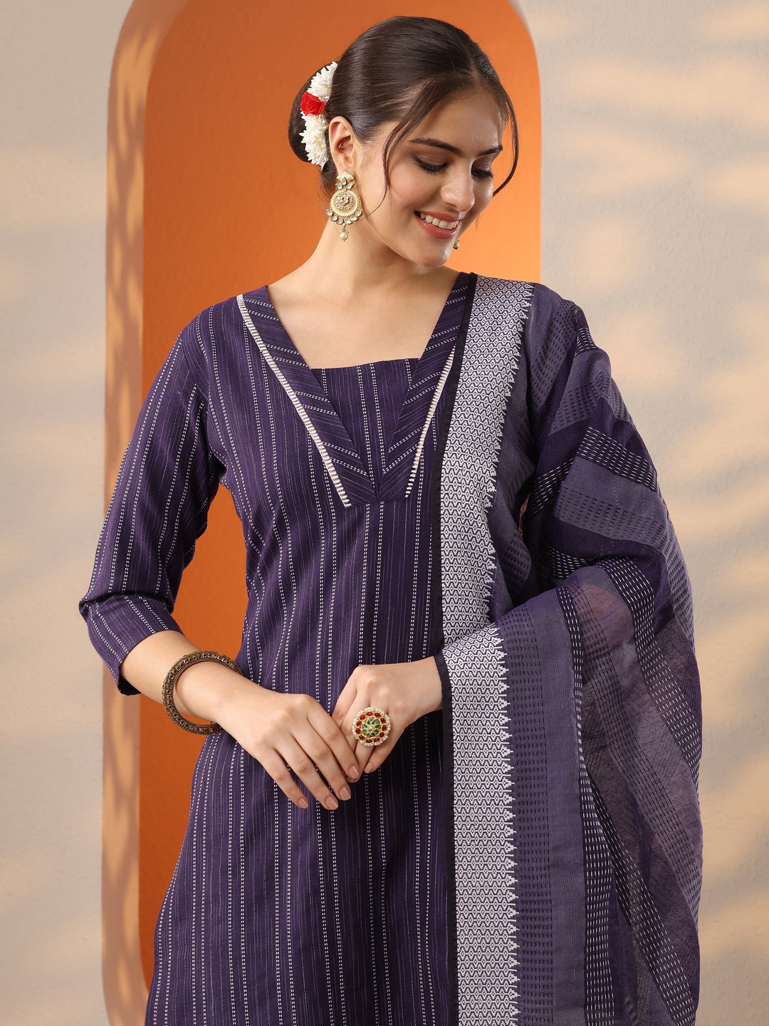 Burgundy Woven Design Cotton Blend Straight Suit Set With Dupatta