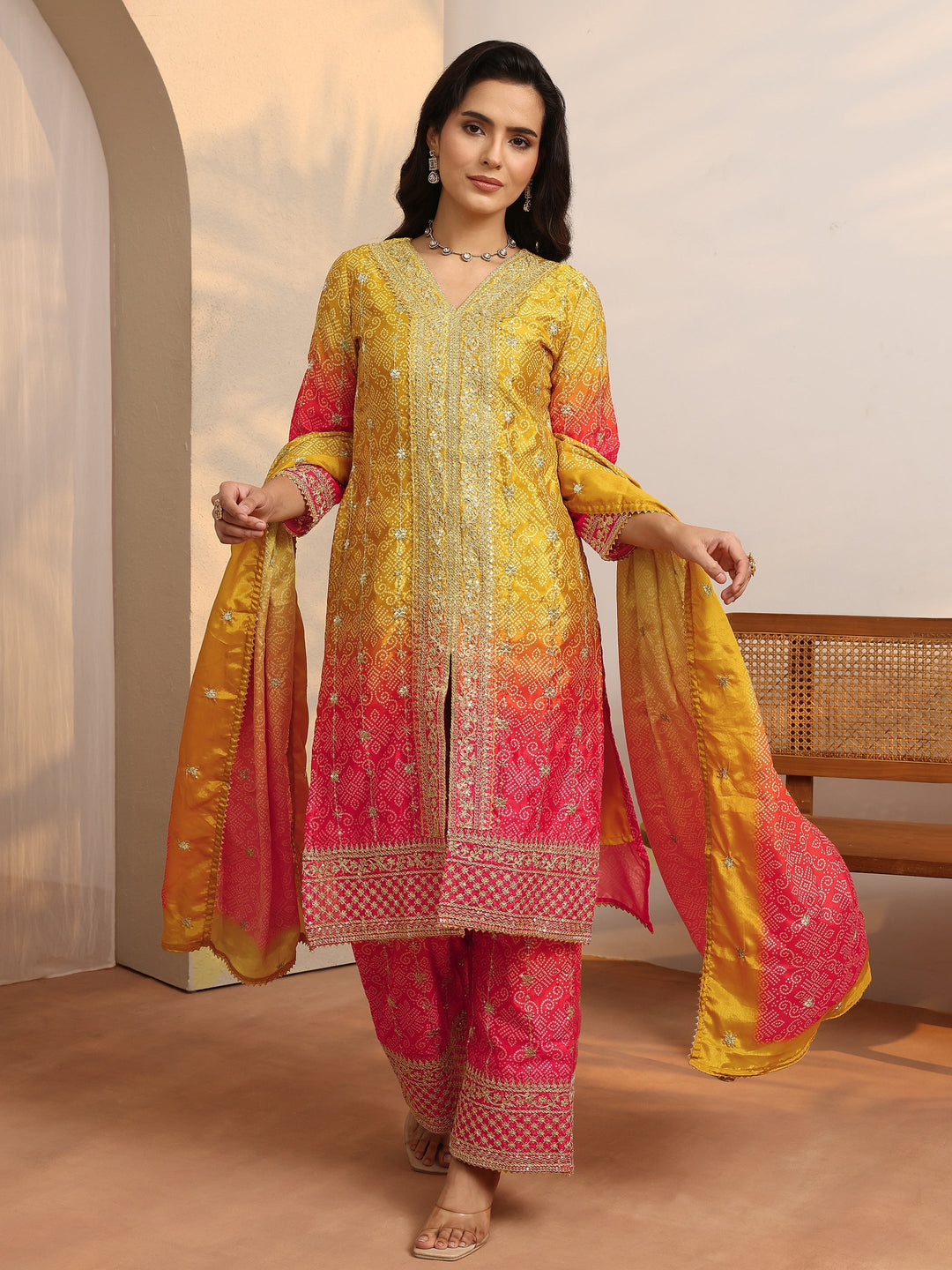 Mustard Embroidered Chinon Straight Suit Set With Dupatta