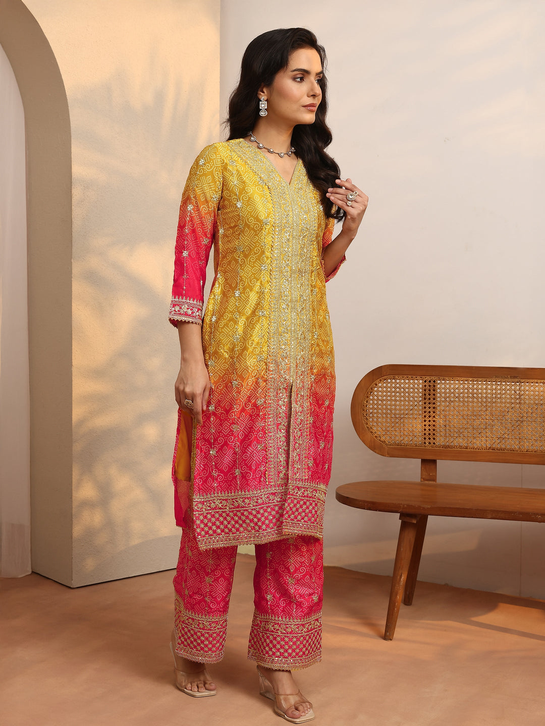 Mustard Embroidered Chinon Straight Suit Set With Dupatta