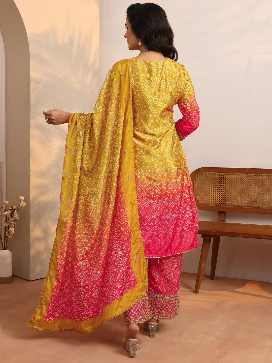 Mustard Embroidered Chinon Straight Suit Set With Dupatta