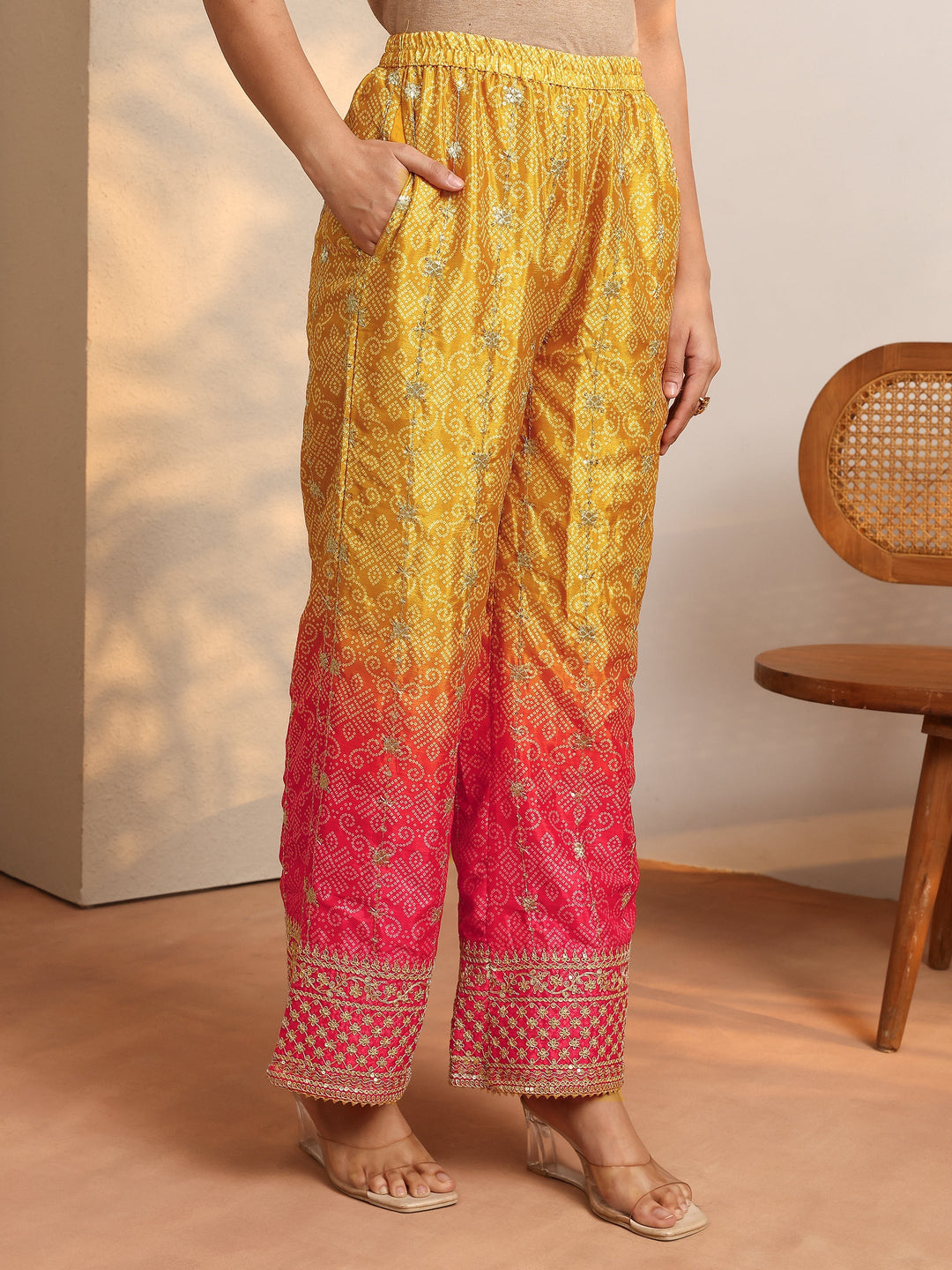 Mustard Embroidered Chinon Straight Suit Set With Dupatta