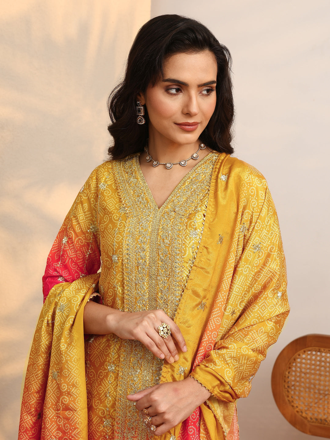 Mustard Embroidered Chinon Straight Suit Set With Dupatta